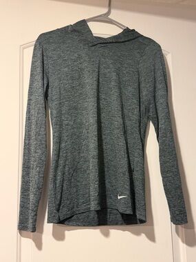 Nike Women's Heathered Teal-Grey Long Sleeve Hooded Top